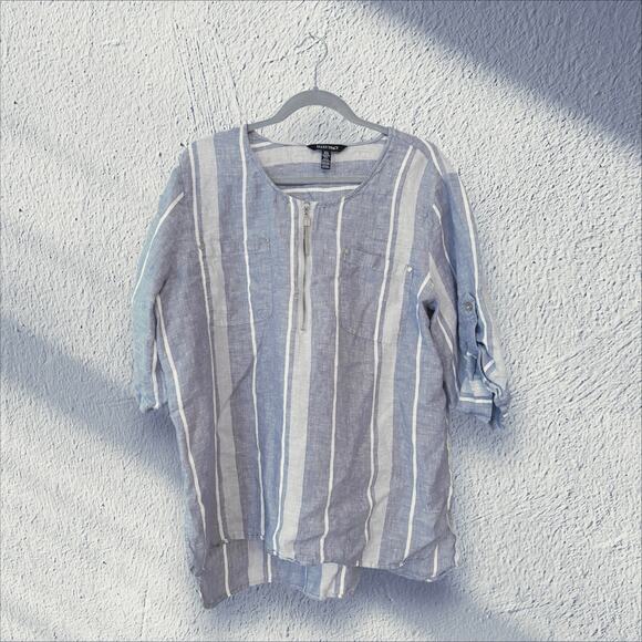 Ellen Tracy Linen Top Tunic XL Striped 1/4 Gold Zipper Roll Tab Coastal Grandma - Picture 1 of 12